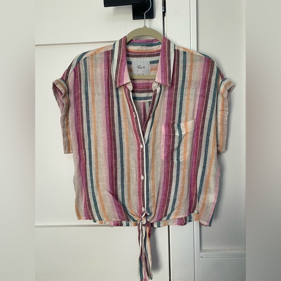 💜 Rails M Amelie Avila Stripe Linen Button Up Tie Bottom Top - Picture 4 of 7